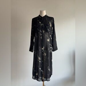 Pas De Calais Black Sheer Longline shirtdress in marbled print sz 34 XS